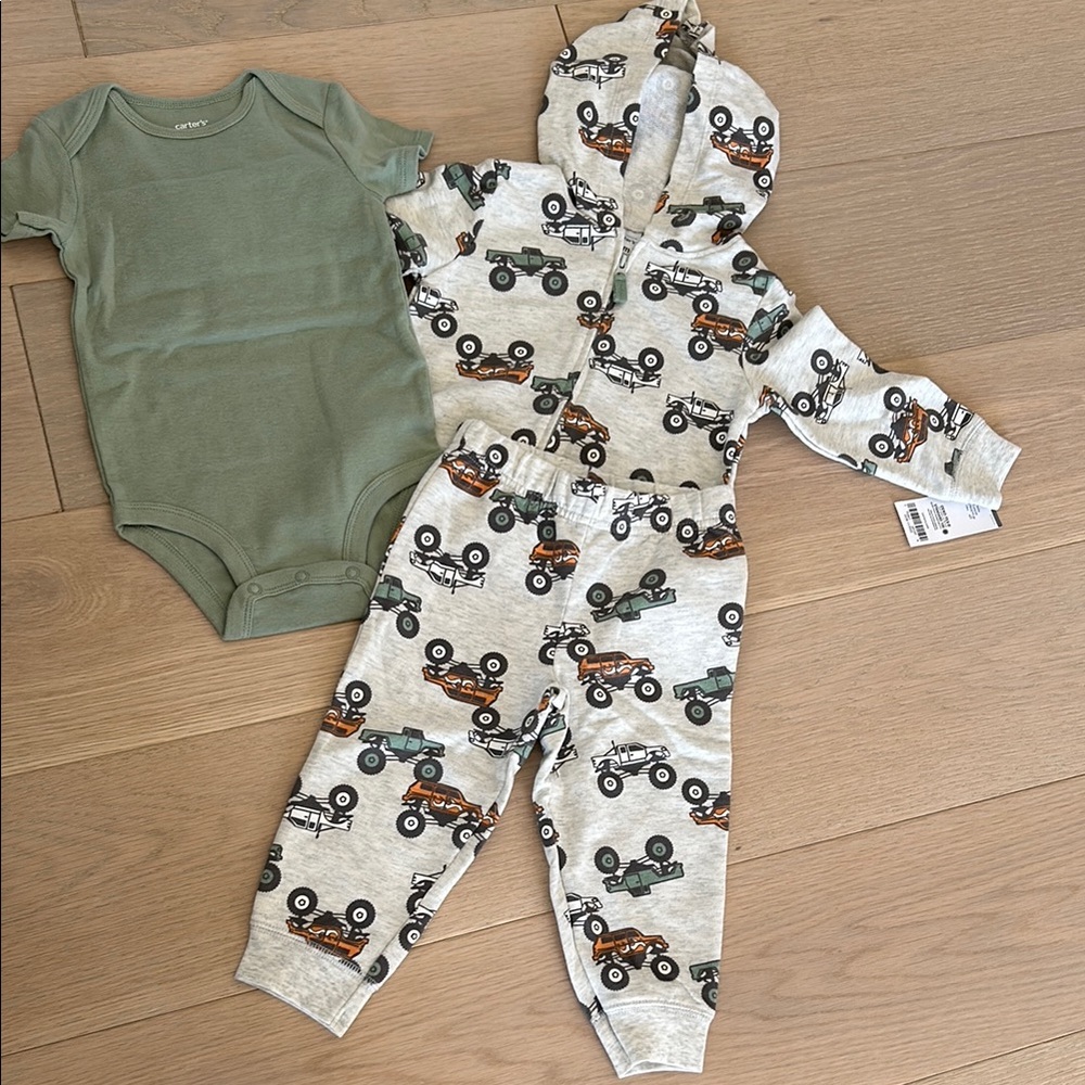 Carter's Green Onesie and Car Print Hoodie Set